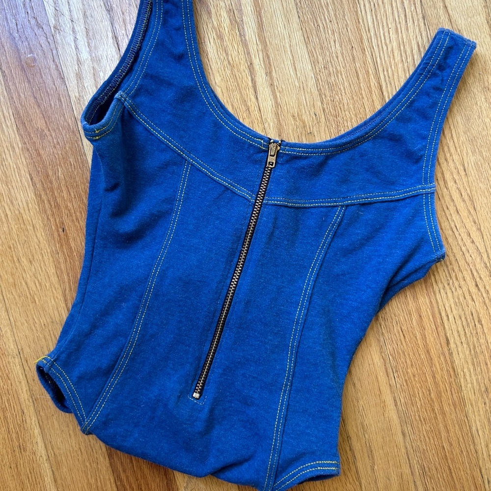 Vintage Indigo blue cotton spandex leotard with front gold zipper XS